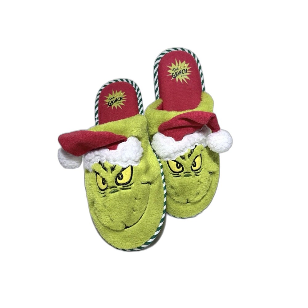 Men's Dr Seuss "The Grinch" Christmas with Santa Hat Slippers Size M 9-10